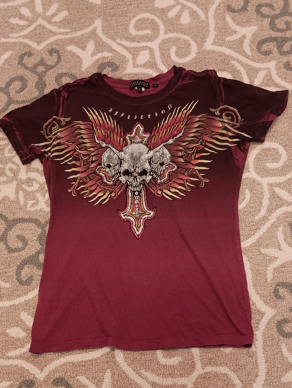 Affliction Black Label Burgundy Winged Skull Graphic Tee